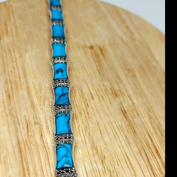Stabilized Turquoise 11x7mm & Marcasite 925 Sterling Silver Bracelet 7" - Picture 6 of 11